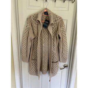 NEW Aran Beige Knit Open Cardigan Made in Ireland Merino Wool Sweater Small